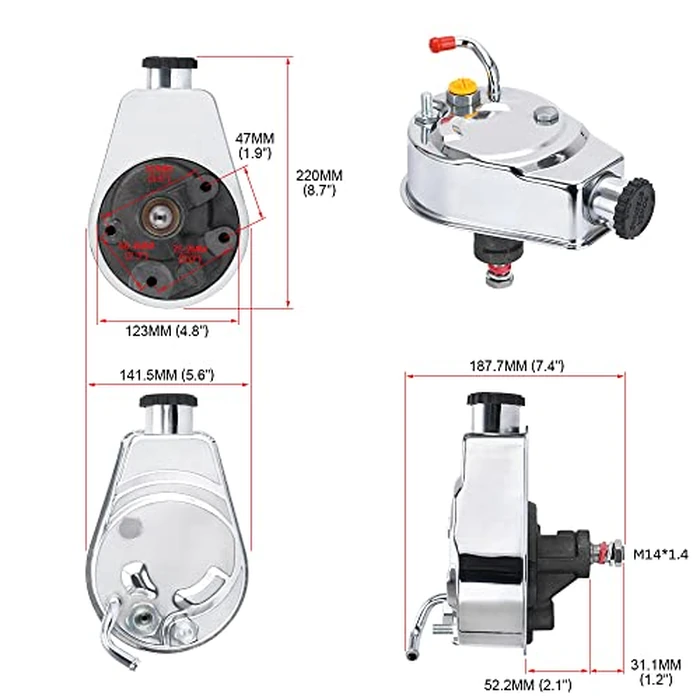 PTNHZ Saginaw Power Steering Pump P Series 5/8" Keyway Pulley Shaft Chrome Street/Hot Rod Reservoir Gearbox Relacement For 66-74 GM Chevy Chevrolet by PTNHZ - Image 4