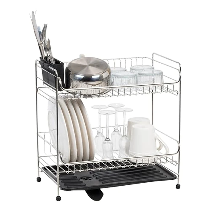 IRIS USA Dish Drying Rack, 2-Tier, Rustproof Dish Rack, Stainless Steel Kitchen Drying Rack with Utensil Holder, Drainboard, 360 degrees Adjustable Drain Spout, Non-Skid, 40cm L x 28cm W, Black by IRIS - Used - Acceptable condition