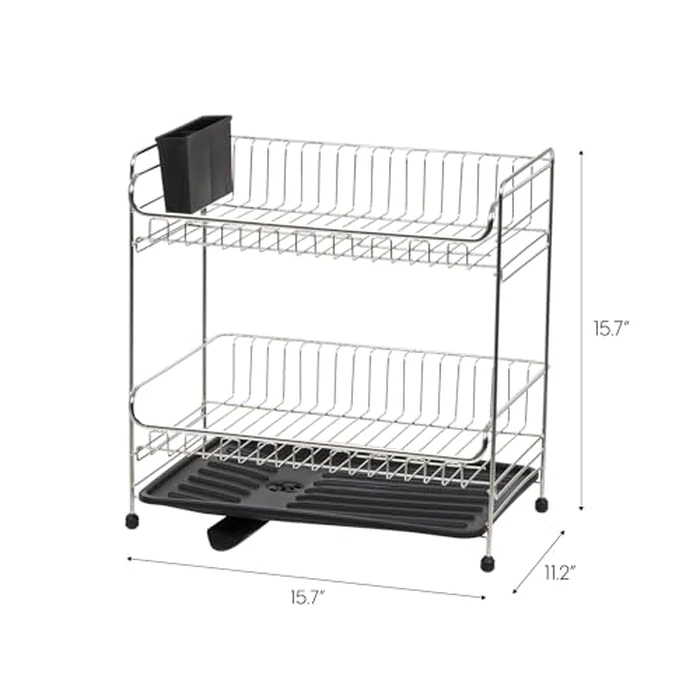 IRIS USA Dish Drying Rack, 2-Tier, Rustproof Dish Rack, Stainless Steel Kitchen Drying Rack with Utensil Holder, Drainboard, 360 degrees Adjustable Drain Spout, Non-Skid, 40cm L x 28cm W, Black by IRIS - Image 2