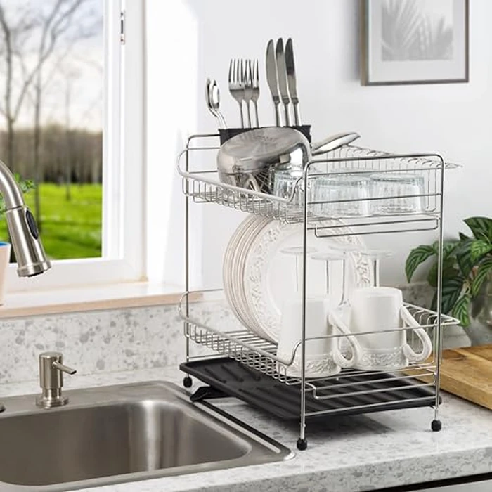 IRIS USA Dish Drying Rack, 2-Tier, Rustproof Dish Rack, Stainless Steel Kitchen Drying Rack with Utensil Holder, Drainboard, 360 degrees Adjustable Drain Spout, Non-Skid, 40cm L x 28cm W, Black by IRIS - Image 3