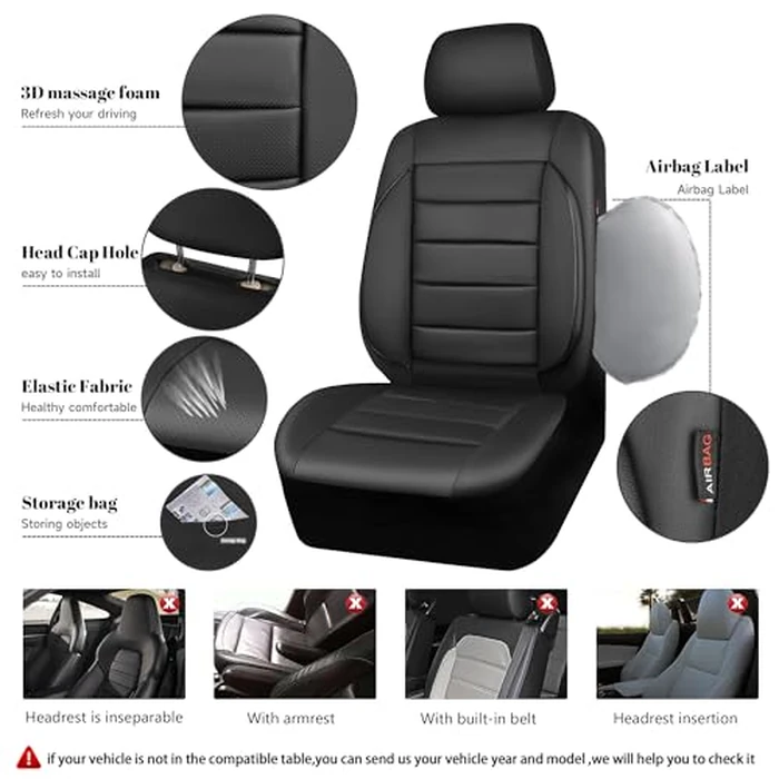 CAR PASS Leather Seat Covers Full Set Universal Water Resistant 3D Foam Back Support, Luxury Comfort Automotive 5 Seat Covers All Season Fit for SUV,Sedan,Van, Airbag Compatible Elegance(Pure Black) by CAR PASS - Image 3