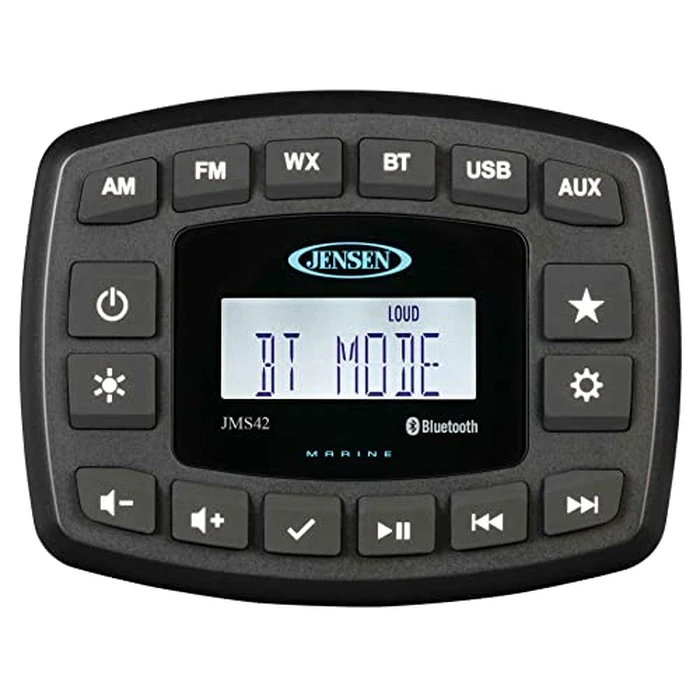 Jensen JMS42 AM/FM/WB/USB/BT Waterproof Stereo, 160 watts (40W x 4), 12V DC, Waterproof, Weatherband, AM/FM Tuner, Rear RCA Aux Input, USB MP3/WMA Player, Conformal Coated Circuit Boards (Renewed) by Jensen Marine - Refurbished condition