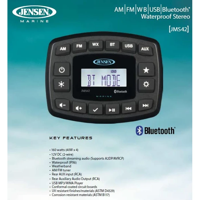 Jensen JMS42 AM/FM/WB/USB/BT Waterproof Stereo, 160 watts (40W x 4), 12V DC, Waterproof, Weatherband, AM/FM Tuner, Rear RCA Aux Input, USB MP3/WMA Player, Conformal Coated Circuit Boards (Renewed) by Jensen Marine - Image 2
