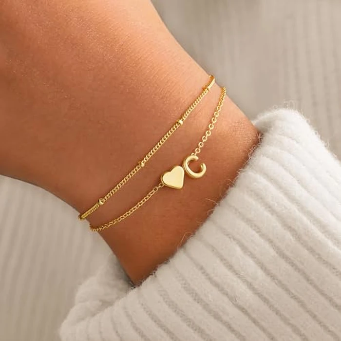 M MOOHAM Initial Bracelets for Women - Dainty 14K-Gold-Plated Heart Initial Letter C Link Charm Bracelets for Women Trendy Gold-Plated Jewelry, Personalized Birthday Gifts for Women by M MOOHAM - Image 2