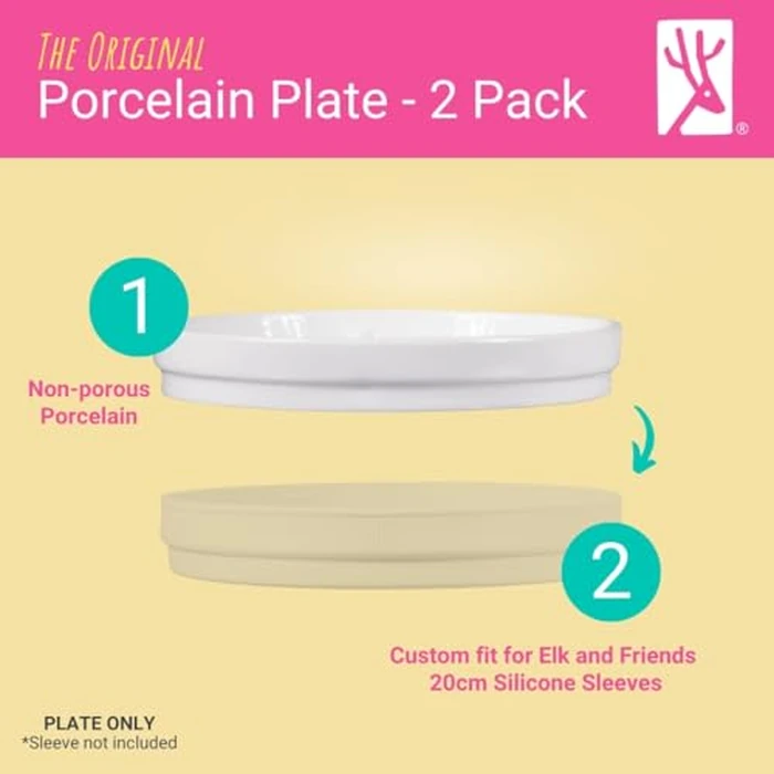 Elk and Friends Kids 7.8” Porcelain White Plates | Suitable for Babies/Toddlers | Microwave & Dishwasher Safe | Non Slip Dinnerware | Snack Dishes | 2 Pack by Elk and Friends - Image 2
