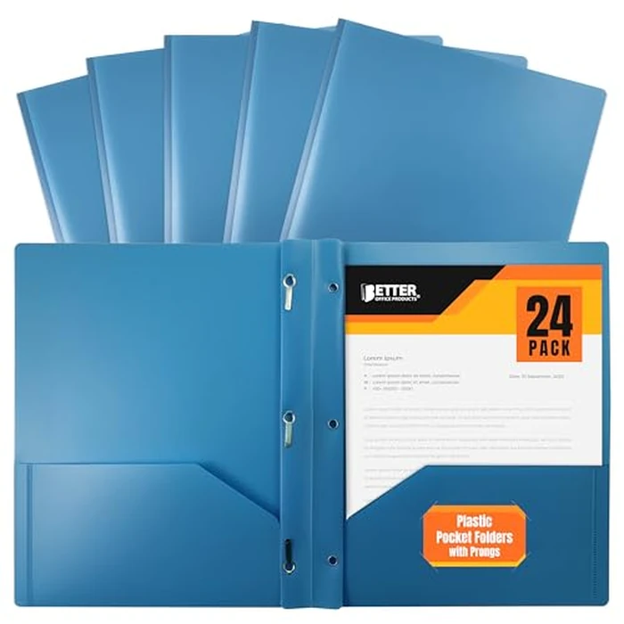 Better Office Products Light Blue Plastic 2 Pocket Folders with Prongs, 24 Pack, Heavyweight, Letter Size Poly Folders with 3 Metal Prongs Fastener Clips, Light Blue by Better Office Products - Image 1