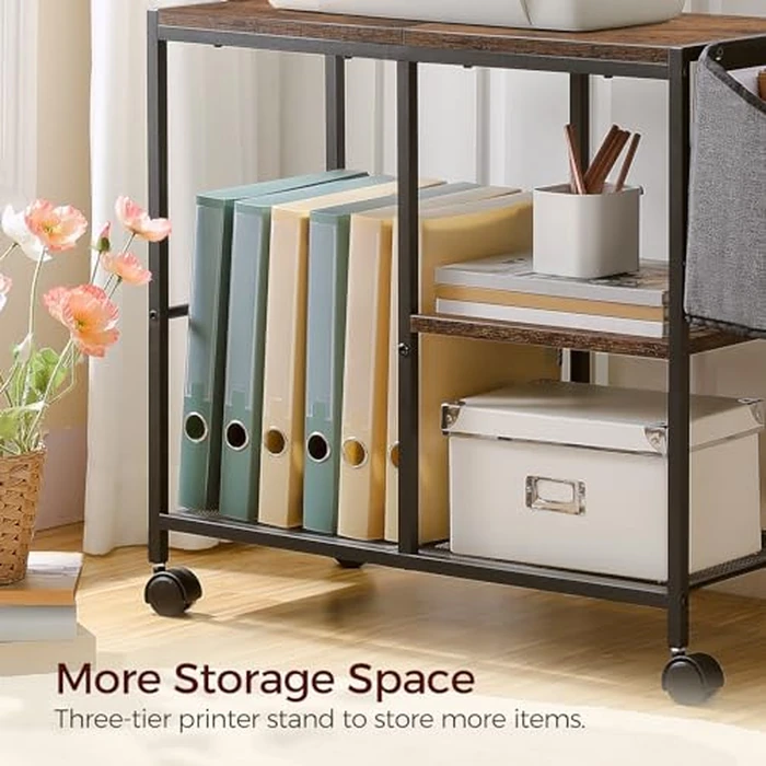 MAHANCRIS 3-Tier Printer Stand, Printer Table with Storage Bag, Mobile Printer Cart with Wheels, Rolling Table, Under Storage for Study, Office, Living Room, Rustic Brown PTHR2201 by MAHANCRIS - Image 9