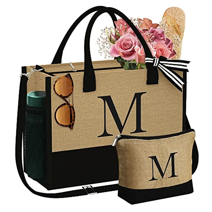 YOOLIFE Mothers Day Gifts - Birthday Gifts for Women Mom, Gift for Mom Friend Teacher Grandma, Mothers Day Gift for Wife Grandma Friends Daughter, M Letter Jute Tote Bag by YOOLIFE - Used - Like New condition - US$23.93