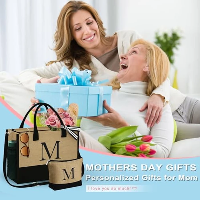 YOOLIFE Mothers Day Gifts - Birthday Gifts for Women Mom, Gift for Mom Friend Teacher Grandma, Mothers Day Gift for Wife Grandma Friends Daughter, M Letter Jute Tote Bag by YOOLIFE - Image 2
