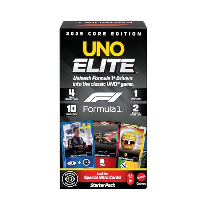 Mattel Games UNO Elite Formula 1 2025 Core Edition Starter Pack Card Game with 4 Game Booster Packs & 2 Promo Cards for Kids, Fans, Families & Game Night by Mattel Games - Used - Like New condition