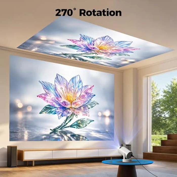 [Built-in Apps] Mini Projector with Speaker Base Support 4K, Portable Projector Auto Keystone 270 degrees Rotatable Short Throw Small Movie Projectors for Bedroom Compatibile with Phone HDMI TV Stick by HOTPEAK - Image 3