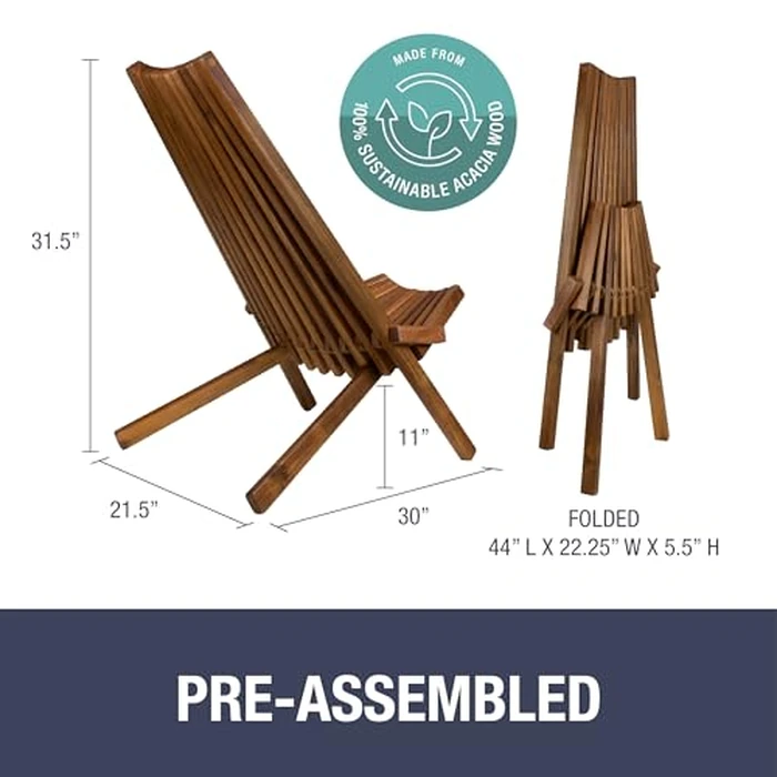 CleverMade Tamarack Folding Wooden Outdoor Chair -Stylish Low Profile Acacia Wood Lounge Chair for the Patio, Porch, Lawn, Garden or Home Furniture - Cinnamon by CleverMade - Image 3