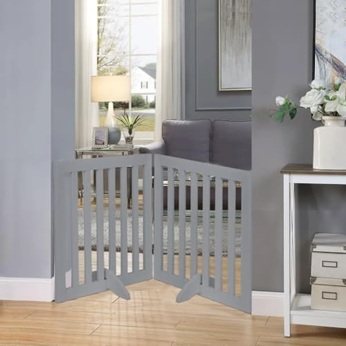 unipaws 24”H Free Standing Pet Gate for Dog Cat, Wooden Dog Gates for Doorway, Stairs, Step Over Foldable Pet Fence for The House, Expandable Doggy Barrier, Indoor Use, Grey by unipaws - Image 2