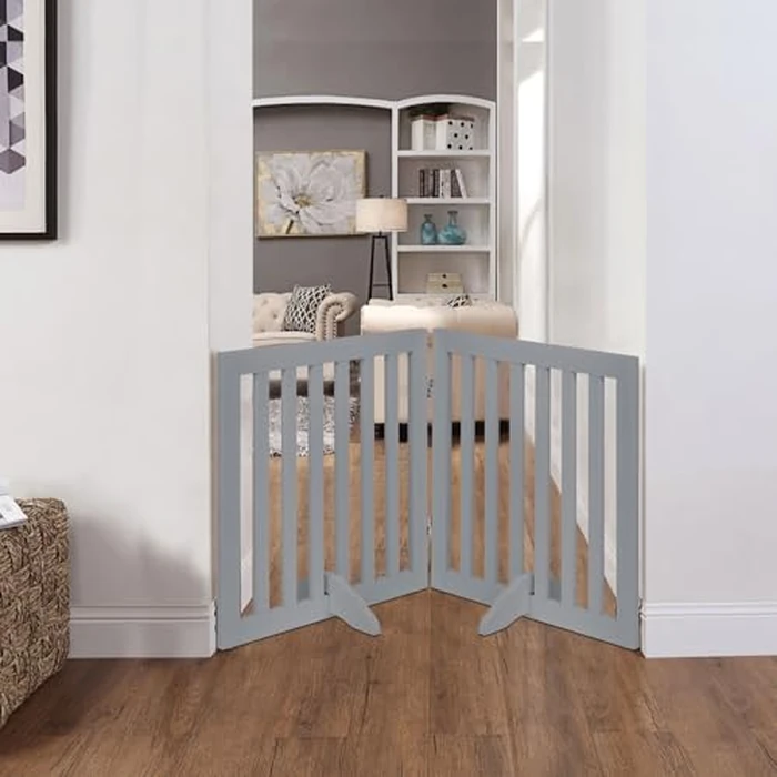 unipaws 24”H Free Standing Pet Gate for Dog Cat, Wooden Dog Gates for Doorway, Stairs, Step Over Foldable Pet Fence for The House, Expandable Doggy Barrier, Indoor Use, Grey by unipaws - Image 3