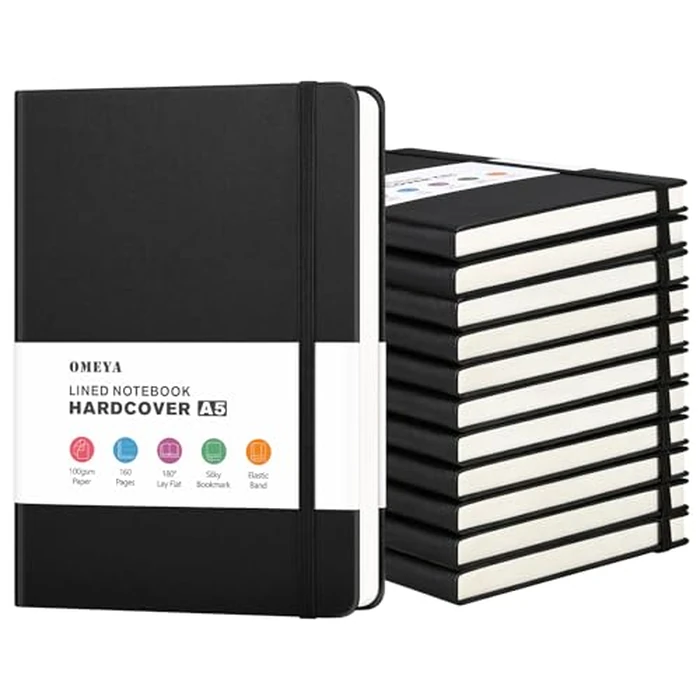 OMEYA 12 Pack A5 Black Lined Journal Notebooks for Work, 100gsm Thick Paper, 5.7"x 8.3", College Ruled Notebooks Bulk, Leather Journal for Writing, Hardcover Notebooks for School, Office by OMEYA - Used - Like New condition - CA$53.39