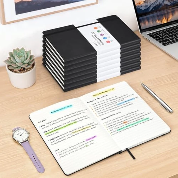 OMEYA 12 Pack A5 Black Lined Journal Notebooks for Work, 100gsm Thick Paper, 5.7"x 8.3", College Ruled Notebooks Bulk, Leather Journal for Writing, Hardcover Notebooks for School, Office by OMEYA - Image 7
