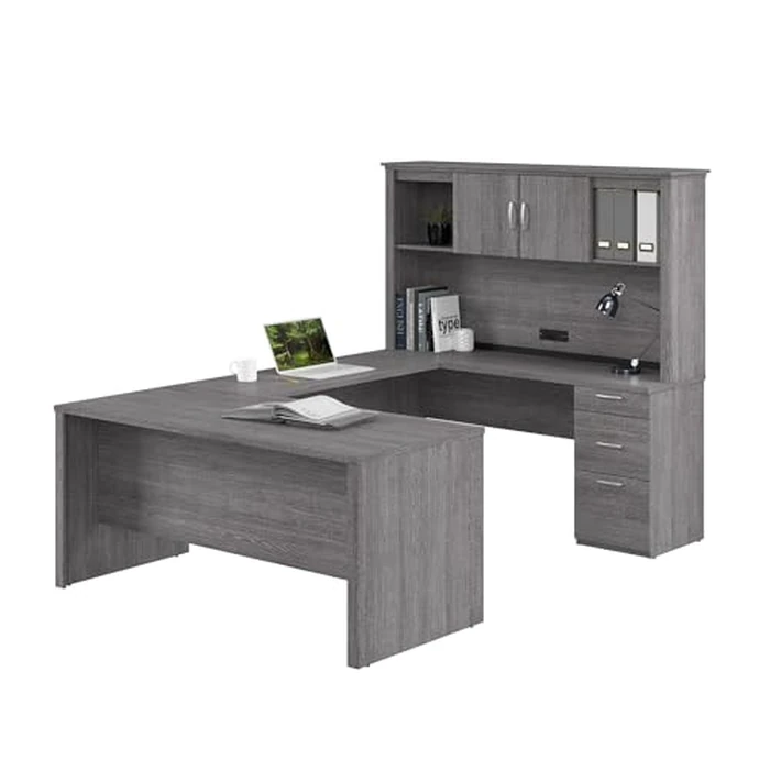 Bestar U or L Shaped Desk with Drawers and Hutch, Executive Workstation for Home or Professional Office, 66 Inches, Logan Collection, Bark Grey by Bestar - Image 1