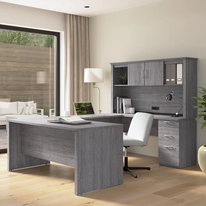 Bestar U or L Shaped Desk with Drawers and Hutch, Executive Workstation for Home or Professional Office, 66 Inches, Logan Collection, Bark Grey by Bestar - Image 2