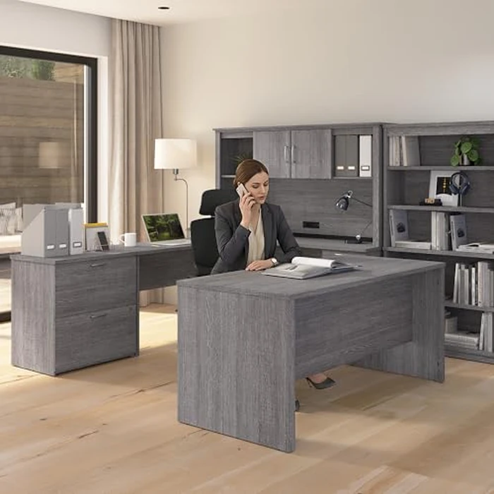 Bestar U or L Shaped Desk with Drawers and Hutch, Executive Workstation for Home or Professional Office, 66 Inches, Logan Collection, Bark Grey by Bestar - Image 3