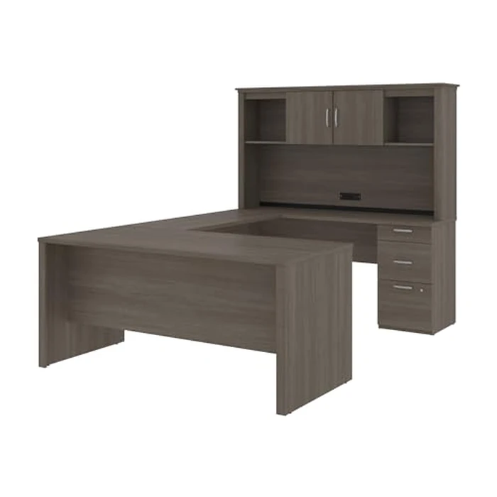 Bestar U or L Shaped Desk with Drawers and Hutch, Executive Workstation for Home or Professional Office, 66 Inches, Logan Collection, Bark Grey by Bestar - Image 4