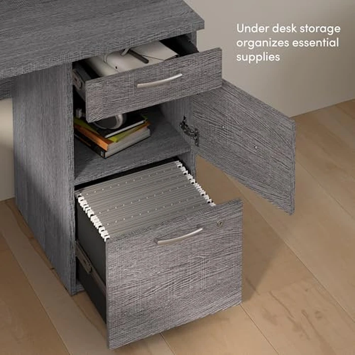 Bestar U or L Shaped Desk with Drawers and Hutch, Executive Workstation for Home or Professional Office, 66 Inches, Logan Collection, Bark Grey by Bestar - Image 5