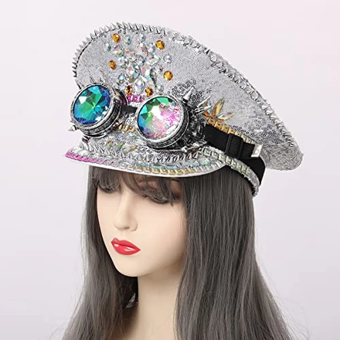 GRACEART Women's Burning Man Sequin Hat Music Festival Military Captain Hats Steampunk Caps with Goggles by GRACEART - Image 3