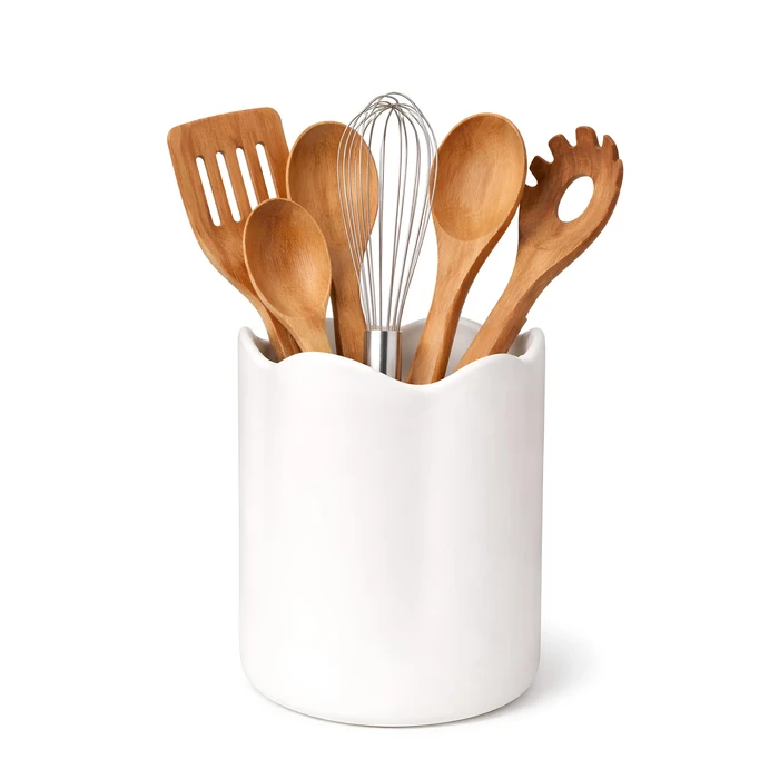 LYRIMEAI Utensil Holder for Kitchen Counter, 7.1" Ceramic Kitchen Utensil Holder Crock for Countertop with Cork Bottom, Cooking Tool Organizer for Spatula, White by LYRIMEAI - Used - Like New condition - CA$27.92