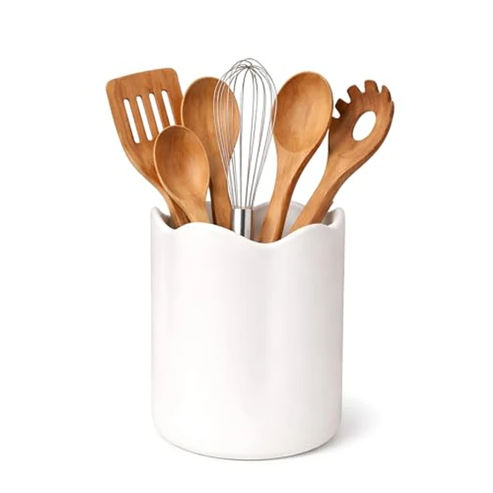 LYRIMEAI Utensil Holder for Kitchen Counter, 7.1" Ceramic Kitchen Utensil Holder Crock for Countertop with Cork Bottom, Cooking Tool Organizer for Spatula, White by LYRIMEAI - Image 2