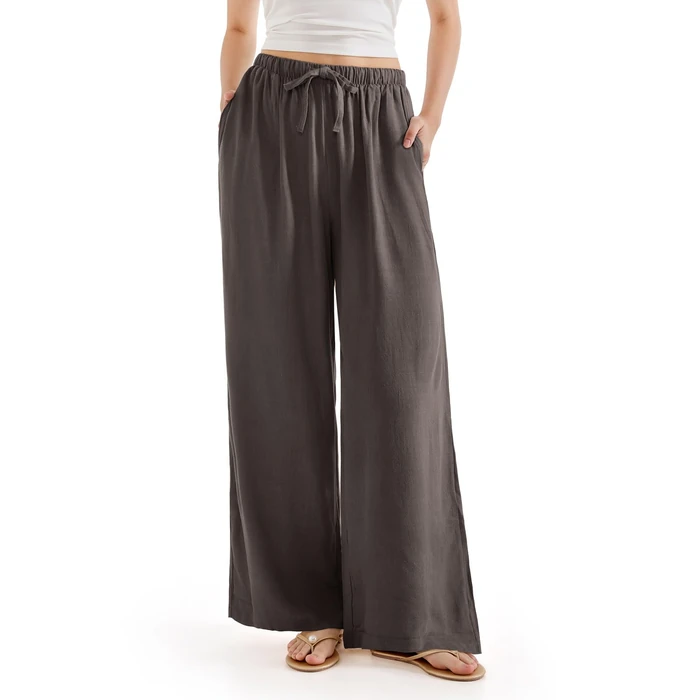 SUUKSESS Women Wide Leg Flowy Linen Pant with Pockets High Waisted Casual Lounge Palazzo Pant (Brown, S) by SUUKSESS - Used - Like New condition - US$31.30