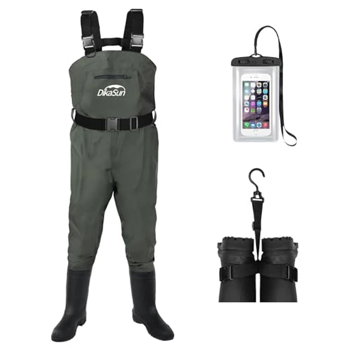 DikaSun Waterproof Fishing Waders for Men & Women, 2-Ply Nylon/PVC Chest Wader with Boots for Fly Fishing (Green, M4/W6) by DikaSun - Used - Like New condition