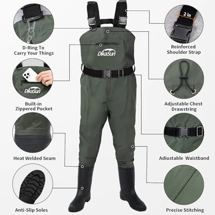 DikaSun Waterproof Fishing Waders for Men & Women, 2-Ply Nylon/PVC Chest Wader with Boots for Fly Fishing (Green, M4/W6) by DikaSun - Image 2
