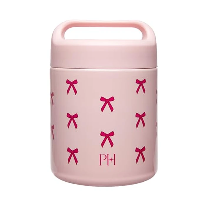 Paris Hilton Stainless Steel Food Jar, Double Wall Vacuum Sealed Insulated Food Storage Container with Carry Handle Lid, 12-Ounce, Pink with Bow Design by Paris Hilton - Image 1
