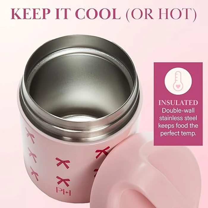 Paris Hilton Stainless Steel Food Jar, Double Wall Vacuum Sealed Insulated Food Storage Container with Carry Handle Lid, 12-Ounce, Pink with Bow Design by Paris Hilton - Image 3
