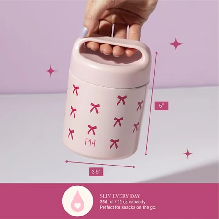 Paris Hilton Stainless Steel Food Jar, Double Wall Vacuum Sealed Insulated Food Storage Container with Carry Handle Lid, 12-Ounce, Pink with Bow Design by Paris Hilton - Image 6