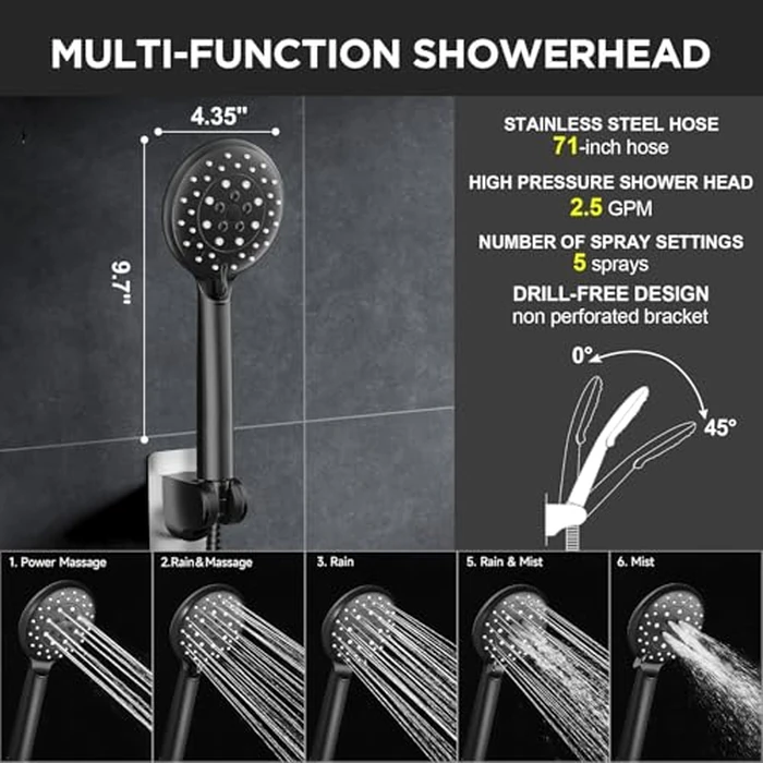 Veken 11.8" Rain Shower Head with Handheld, Family's Choice Award, High Pressure Handheld Shower Heads with Multi Spray Modes, Rainfall Combo with Extension Arm,Detachable Dual Shower, Matte Black by Veken - Image 4
