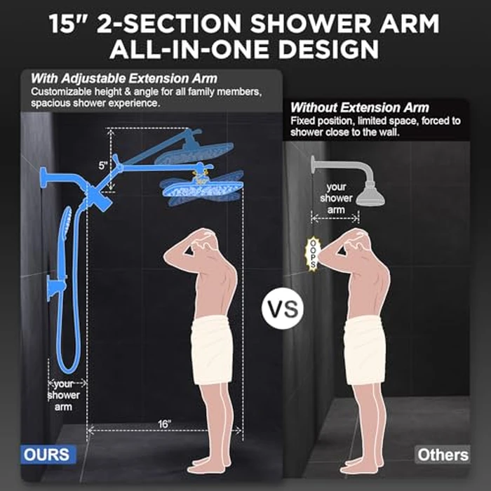 Veken 11.8" Rain Shower Head with Handheld, Family's Choice Award, High Pressure Handheld Shower Heads with Multi Spray Modes, Rainfall Combo with Extension Arm,Detachable Dual Shower, Matte Black by Veken - Image 5