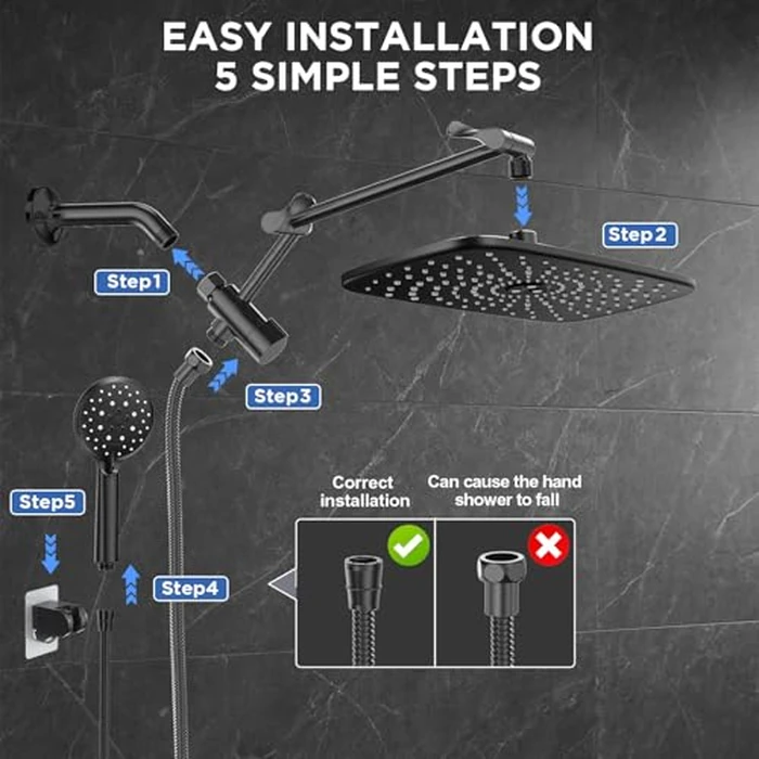 Veken 11.8" Rain Shower Head with Handheld, Family's Choice Award, High Pressure Handheld Shower Heads with Multi Spray Modes, Rainfall Combo with Extension Arm,Detachable Dual Shower, Matte Black by Veken - Image 7