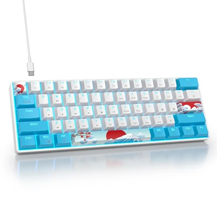 SbocKeeb 60% Mechanical Keyboard Blue and White, Compact 60 Percent Gaming Keyboard RGB Backlit, 61 Keys Mini Keyboard, USB Wired Office Keyboard for Windows Mac Laptop PC (61 Sea/Red Switches) by SbocKeeb - Image 1