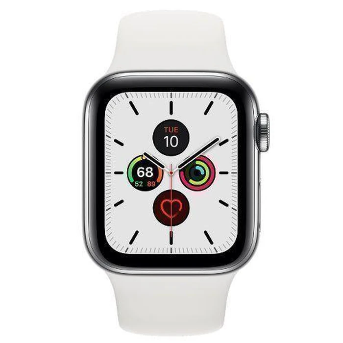 Apple Watch Series 5 (Cellular + GPS) - 32GB - 44mm - Silver Stainless Steel Case with White Rubber Sport Band by Apple - Refurbished - Excellent condition