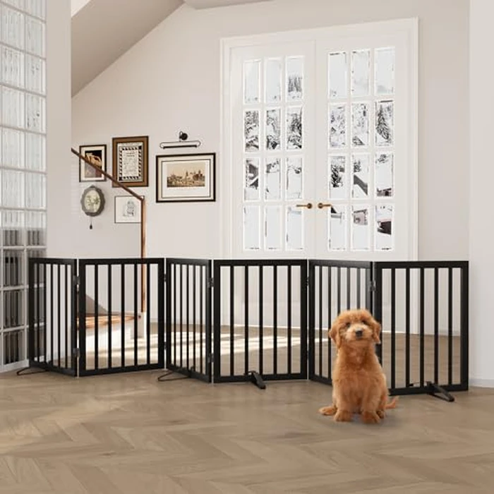 Semiocthome Wood Dog Gates for The House Extra Wide, 6-Panel Freestanding Pet Gates with 4PCS Metal Stands for Doorways and Stairs, Foldable Dog Fences Indoor, Expands Up to 280cm /110" (W) - Black by Semiocthome - Image 1