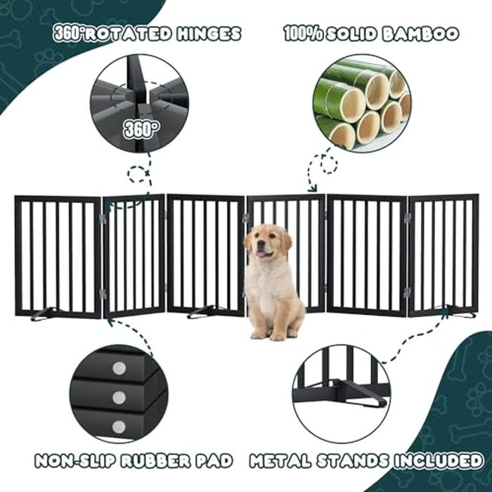 Semiocthome Wood Dog Gates for The House Extra Wide, 6-Panel Freestanding Pet Gates with 4PCS Metal Stands for Doorways and Stairs, Foldable Dog Fences Indoor, Expands Up to 280cm /110" (W) - Black by Semiocthome - Image 3