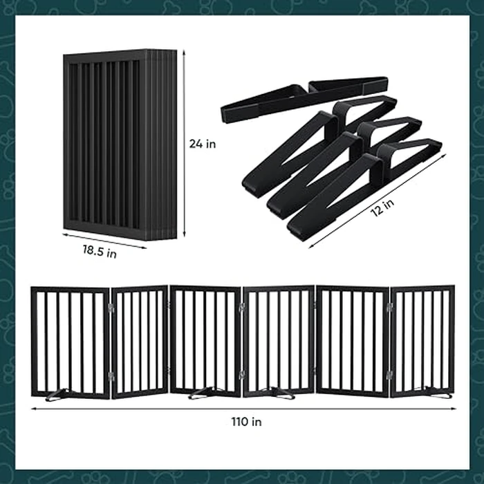 Semiocthome Wood Dog Gates for The House Extra Wide, 6-Panel Freestanding Pet Gates with 4PCS Metal Stands for Doorways and Stairs, Foldable Dog Fences Indoor, Expands Up to 280cm /110" (W) - Black by Semiocthome - Image 5