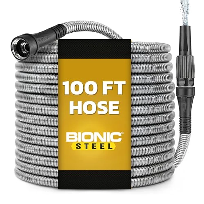 BIONIC STEEL 100 Ft Metal Garden Hose with Sprayer Nozzle, Non Kinking Designed Stainless Steel Heavy Duty Water Hose 100 Ft x 5/8 in. Flexible NON Expandable for Uninterrupted Water Flow, 500 PSI by BIONIC STEEL - Image 1