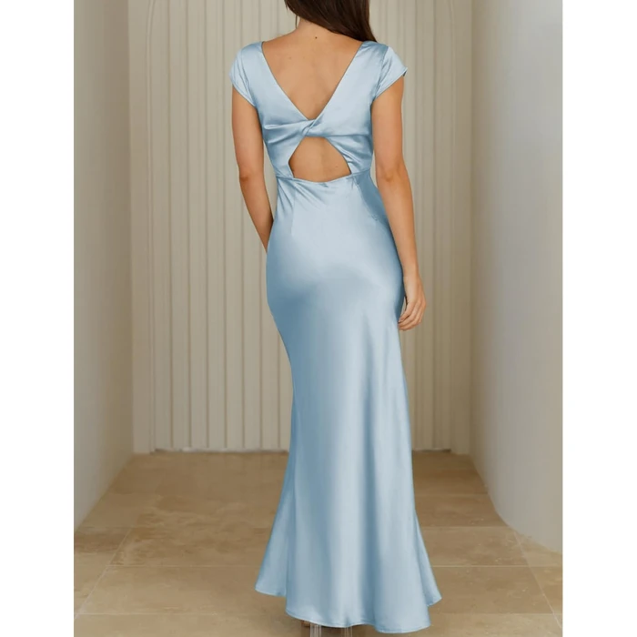 Halfisland Womens Summer Satin V Neck Cap Sleeve Backless Maxi Dress Elegant Twist Cut Out Midi Dresses Wedding Guest Blue by Halfisland - Image 4
