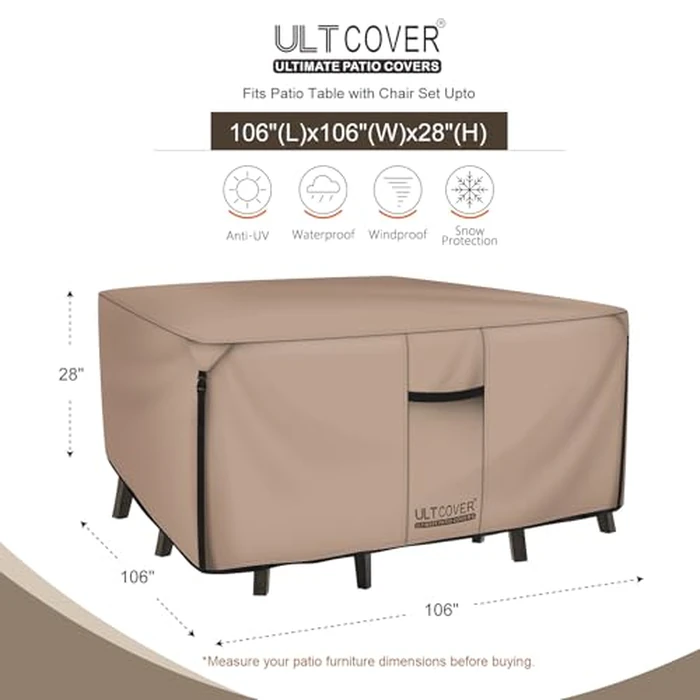 ULTCOVER Square Patio Heavy Duty Table Cover - 600D Tough Canvas Waterproof Outdoor Dining Table and Chairs General Purpose Furniture Cover Size 106 inches by ULTCOVER - Image 2