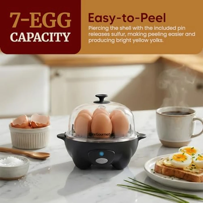Elite Gourmet EGC-007B# Rapid Egg Cooker, 7 Easy-To-Peel, Hard, Medium, Soft Boiled Eggs, Poacher, Omelet Maker, Auto Shut-Off, Alarm, 16-Recipe Booklet, BPA-Free, Black by Elite Gourmet - Image 2