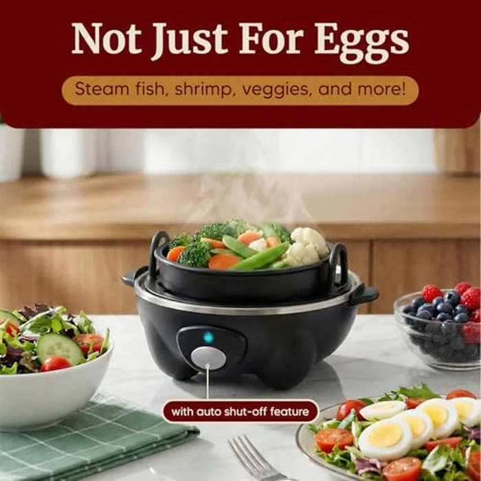 Elite Gourmet EGC-007B# Rapid Egg Cooker, 7 Easy-To-Peel, Hard, Medium, Soft Boiled Eggs, Poacher, Omelet Maker, Auto Shut-Off, Alarm, 16-Recipe Booklet, BPA-Free, Black by Elite Gourmet - Image 5