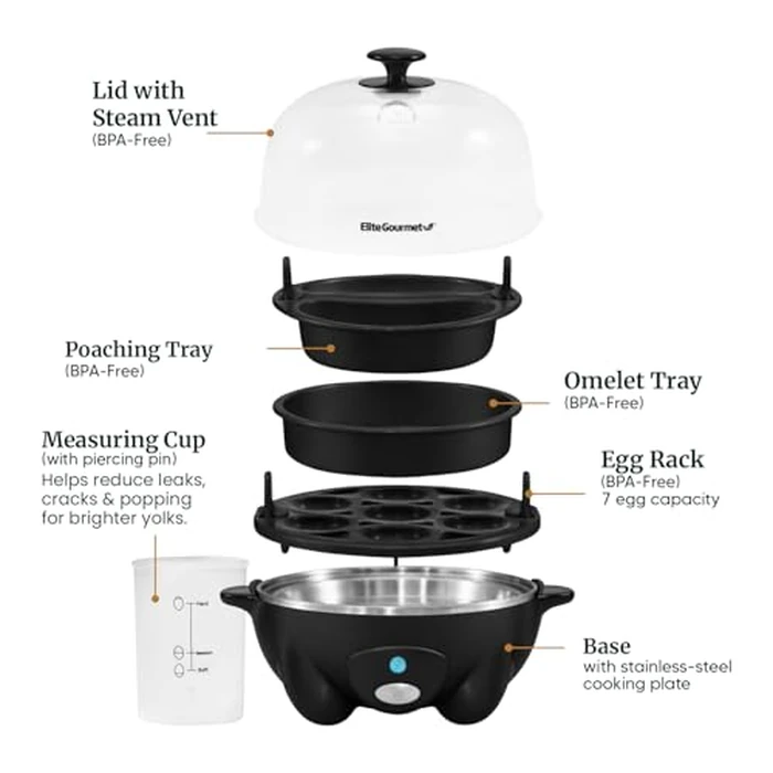 Elite Gourmet EGC-007B# Rapid Egg Cooker, 7 Easy-To-Peel, Hard, Medium, Soft Boiled Eggs, Poacher, Omelet Maker, Auto Shut-Off, Alarm, 16-Recipe Booklet, BPA-Free, Black by Elite Gourmet - Image 6