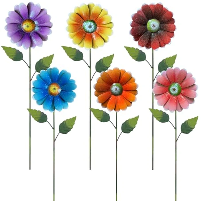 Metal Flower Garden Stakes, 6 Pc. Set,22 inch Outdoor Decor Stakes for Spring Decor, Rust and Weather Resistant Flowers with Shaking Head Yard Art for Outdoor Lawn Patio Pathway Decorations by ABELOTS - Image 1