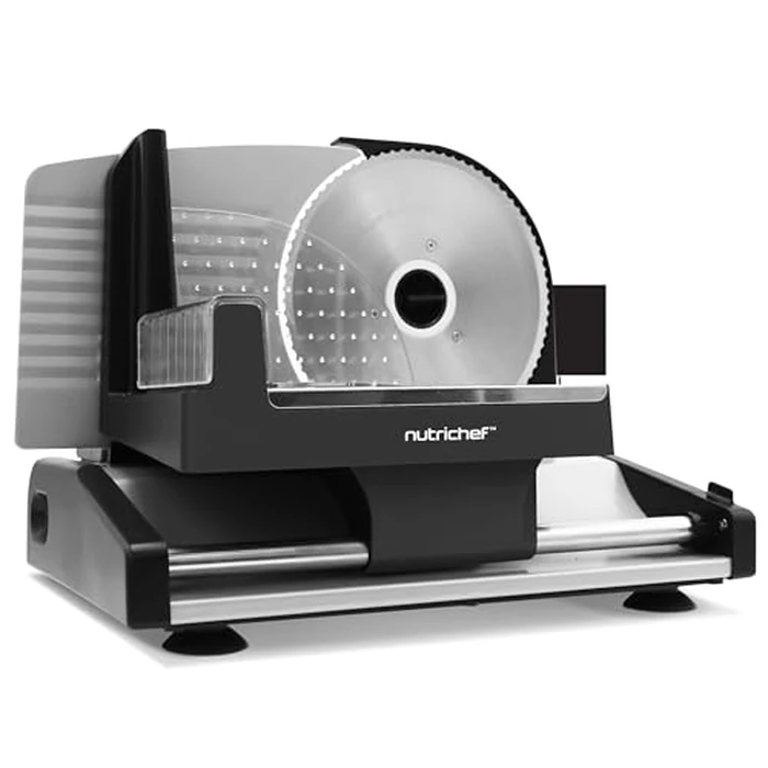 NutriChef Electric Bread & Cheese Slicer - 200W Precision Food Slicer with Adjustable Thickness & Safety Pusher, Ideal for Artisan Bread, Meats, Veggies & Bagels, Sleek Kitchen Cutting Machine by Nutrichef - Used - Acceptable condition